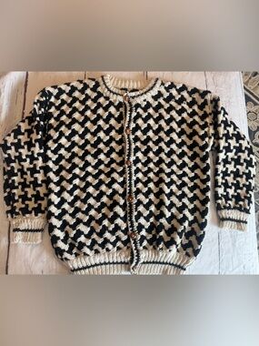 Handmade Vintage Checkered 100% Wool Heavy Sweater Cardigan L/XL Black Cream Men